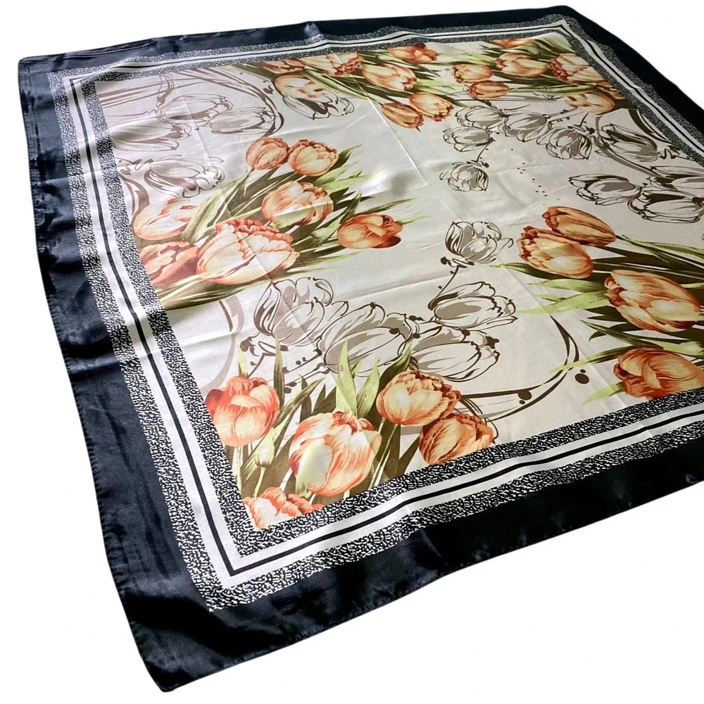 Floral print art Satin square Oversized boho hair neck scarf Romantic preppy 💖